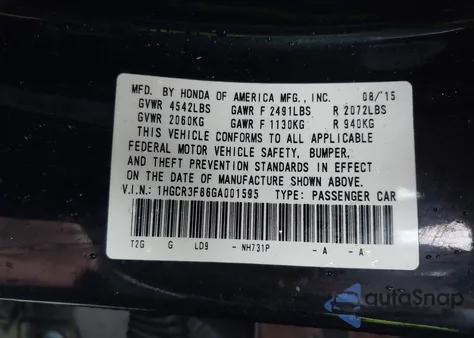 2016 Honda Accord Ex-L V-6 из США, поврежденный, VIN 1HGCR3F86GA001595